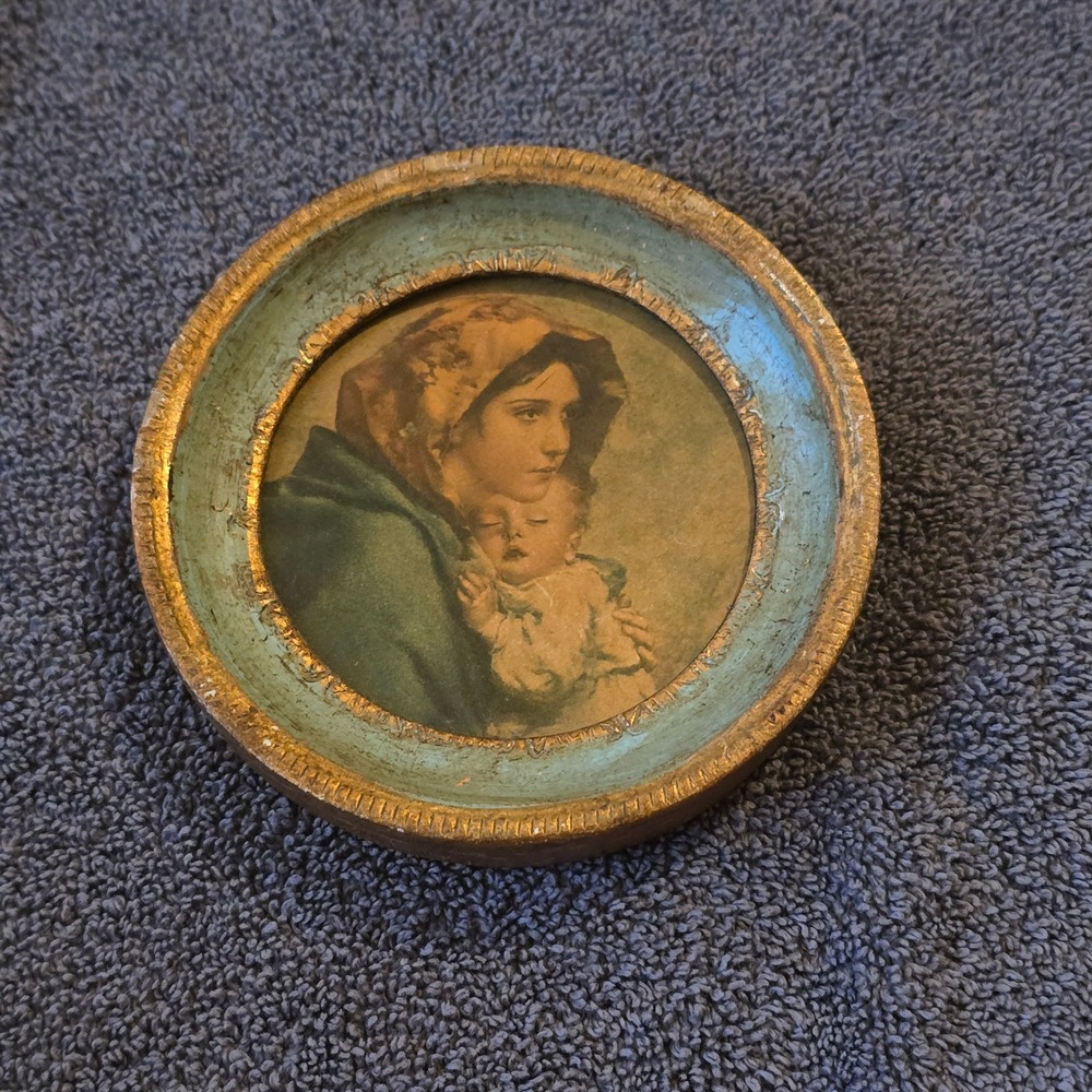 Florentia Madonna and Child Small Round Wall Plaque Italy Teal Gold Gilt Wood